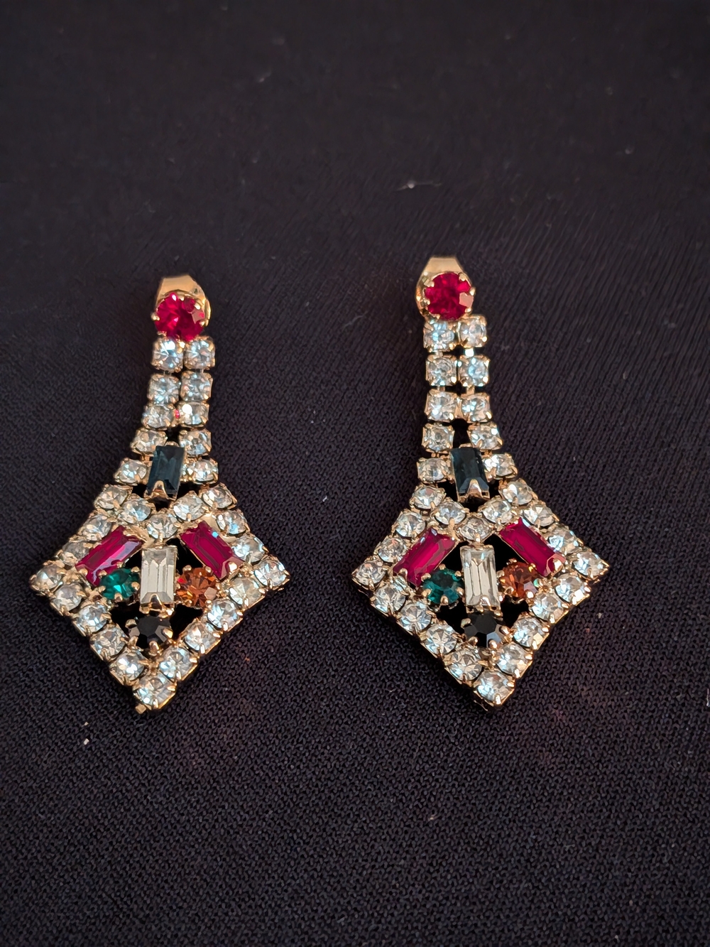Gold-Tone Multicolor Crystal Drop Earrings 2" Long - Pink & Green Vintage 1970s